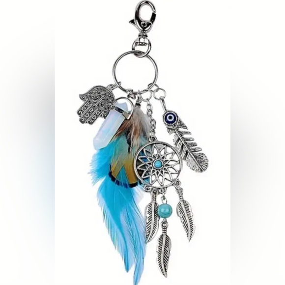 Boho Crystal Dreamcatcher Chakra Blue Feather Purse Bag Charm Bling Keychain - Picture 2 of 2